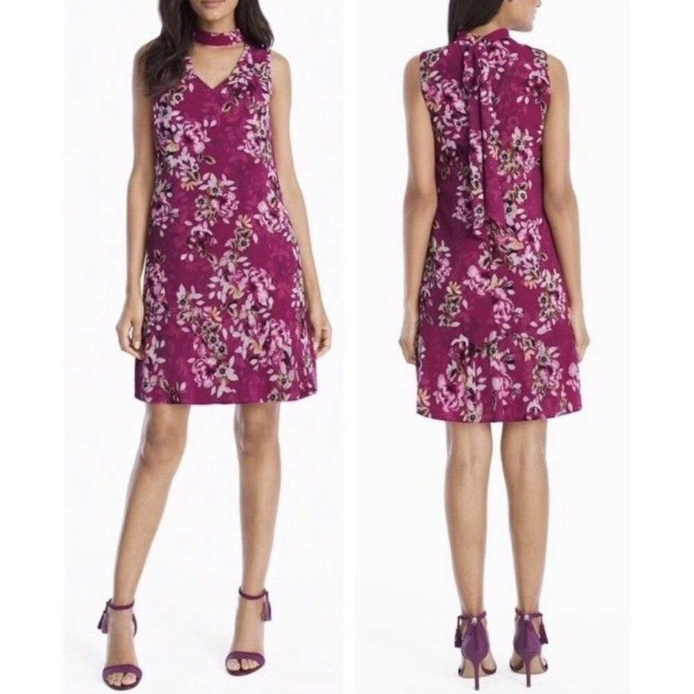 White House Black Market Raspberry Floral Dress Size 6 High Neck Tie Back Neck